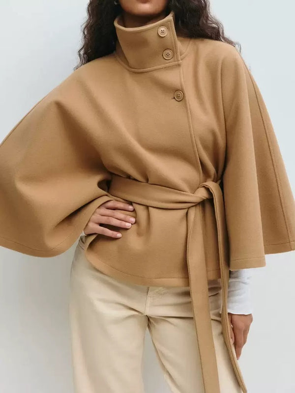 Women's Belted Cape Coat - Plain Front Buckle Design for Casual Fall & Winter Outerwear